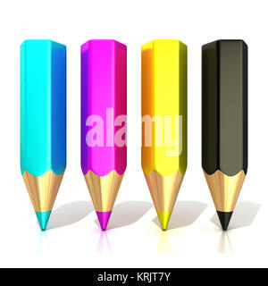 CMYK color pencils (cyan, magenta, yellow and black), isolated on white background, 3D Stock Photo