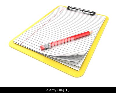 Yellow clipboard and blank lined paper. 3D Stock Photo