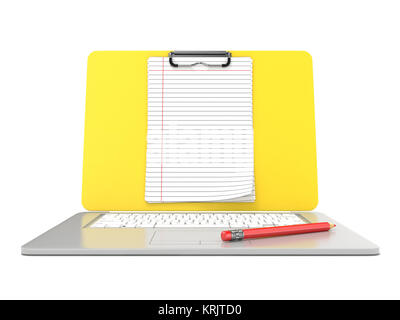 Blank clipboard lined paper on laptop. Front view. 3D Stock Photo