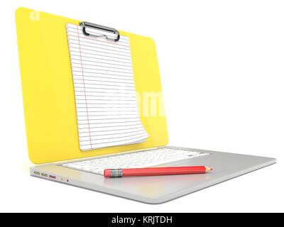 Blank clipboard lined paper on laptop. Side view. 3D Stock Photo