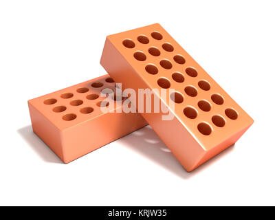 Two red bricks with round holes. 3D Stock Photo