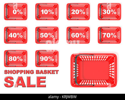 Collection of red shopping basket sale tags. Discount signs. 3D Stock Photo
