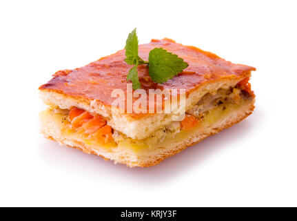 Freshly baked salmon pie .Cake with salmon and potato filling isolated. Stock Photo