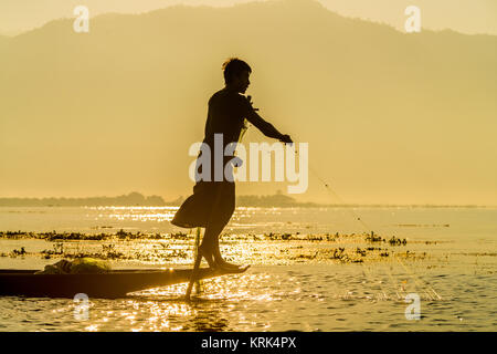 Fishermen at sunrise in the Landscape on the Inle Lake in the Shan State in the east of Myanmar in Southeastasia, myanmar, inle lake Stock Photo