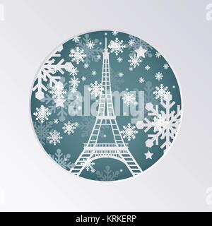 Christmas Paper Cut Greeting Card with Eiffel Tower in Paris France. Vector Illustration. Happy New Year Concept with Snowflakes. Stock Vector