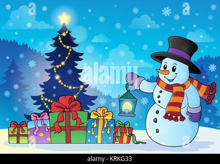 Snowman near Christmas tree theme 1 Stock Photo