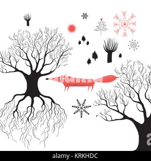 Winter graphics with a red fox in the woods Stock Vector