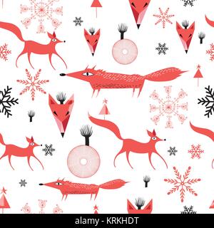 New Years pattern of red foxes on white background with snowflakes Stock Vector