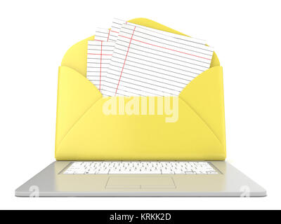 Open envelope and blank lined paper on laptop. Front view. 3D Stock Photo