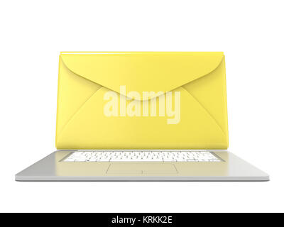 Closed envelope on laptop. Front view. 3D Stock Photo