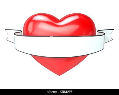 Red heart and white, blank ribbon. 3D Stock Photo