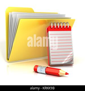 Folder icon with red pencil and notepad. 3D Stock Photo