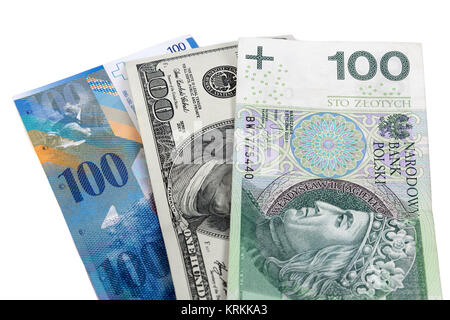 banknotes of 100 dollars,polish zloty and the swiss franc Stock Photo