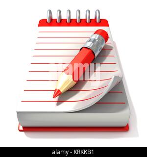 Red notepad and red pen, 3D Stock Photo