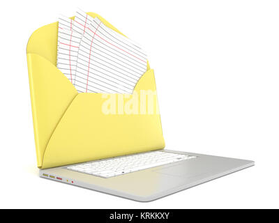 Open envelope and blank lined paper on laptop. Side view. 3D Stock Photo