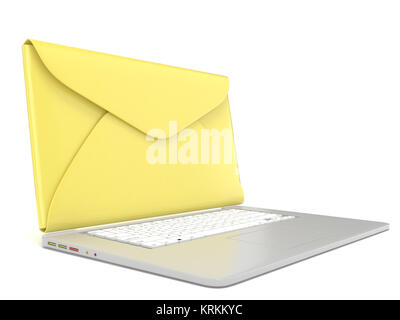 Closed envelope on laptop. Side view. 3D Stock Photo