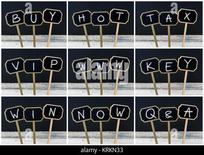 Photo collage of business words written with chalk on wooden mini blackboard labels Stock Photo