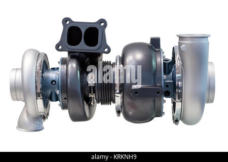 Automotive twinturbo supercharger from a truck isolated over white background Stock Photo
