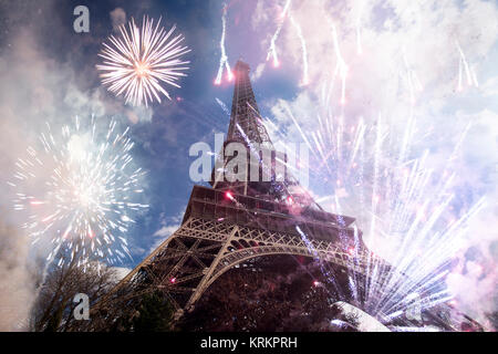 Abstract background of Eiffel tower with fireworks Stock Photo