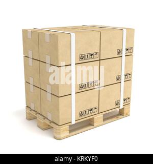 Cardboard boxes on wooden pallet. Deliver concept. 3D Stock Photo