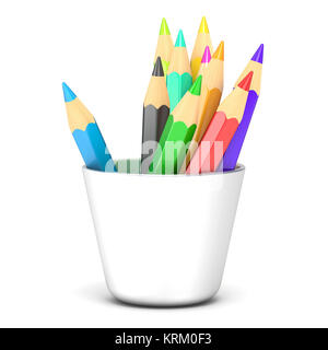 Colored pencils in a white holder. 3D Stock Photo
