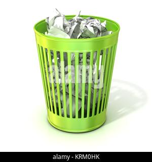 Green trash bin, full of crumpled paper Stock Photo