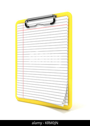 Yellow clipboard and blank lined paper. 3D Stock Photo