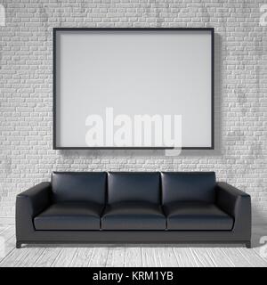 Mock up poster, black leather sofa. 3D Stock Photo