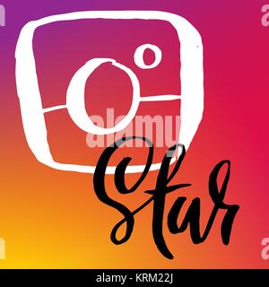Vintage handdrawn photo camera icon on gradient background. Vector illustration for social media contests. Star lettering. Stock Vector