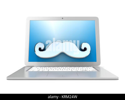 Mustache on laptop. Front view. 3D Stock Photo