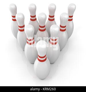 Bowling pins with red stripes, grouped Stock Photo