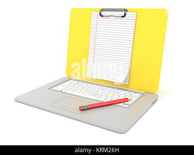 Blank clipboard lined paper on laptop. Side view. 3D Stock Photo