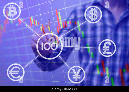 ICO, Initial Coin Offering. Digital electronic binary money financial concept. Bitcoin currency exchange on virtual screen interface. Double exposure Stock Photo