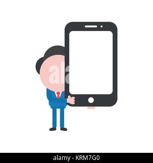 Vector cartoon illustration concept of faceless businessman mascot character holding smartphone symbol icon. Stock Vector