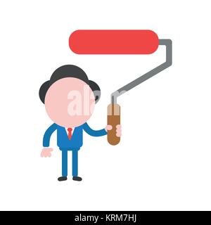 Vector cartoon illustration concept of faceless businessman mascot character holding red paint roller brush symbol icon. Stock Vector