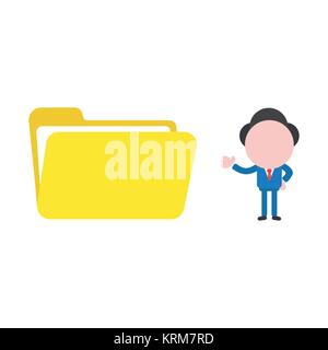 Vector cartoon illustration concept of faceless businessman mascot character showing yellow open folder symbol icon. Stock Vector