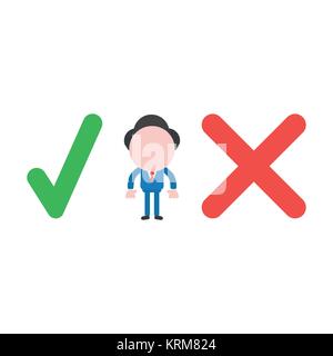 Vector cartoon illustration concept of faceless businessman mascot character between green check mark and red x mark symbol icon. Stock Vector