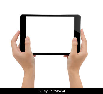 close-up hand holding tablet, mock-up black digital tablet isolated on white with clipping path Stock Photo