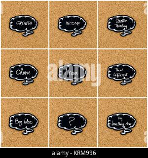 Photo collage of various words written on black thinking bubble Stock Photo