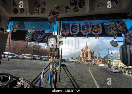A view of Saint Basil's Cathedral in Red Square is seen through the front window of the bus carrying Expedition 47 crew members: NASA astronaut Jeff Williams, Russian cosmonauts Alexei Ovchinin, and Oleg Skripochka of Roscosmos, as the crew arrives to lay roses at the site where Russian space icons are interred as part of traditional pre-launch ceremonies Friday, Feb. 26, 2016, Moscow, Russia. Photo Credit: (NASA/Bill Ingalls) Expedition 47 Preflight (NHQ201602260003) Stock Photo
