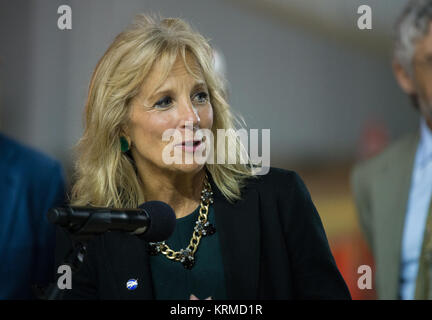 Dr. Jill Biden, wife of Vice President Joe Biden, speaks after the arrival of Expedition 46 Commander Scott Kelly of NASA at Ellington Field, Thursday, March 3, 2016 in Houston, Texas after his return to Earth.. Kelly and Flight Engineers Mikhail Kornienko and Sergey Volkov of Roscosmos landed in their Soyuz TMA-18M capsule in Kazakhstan on March 1 (Eastern time). Kelly and Kornienko completed an International Space Station record year-long mission as members of Expeditions 43, 44, 45, and 46 to collect valuable data on the effect of long duration weightlessness on the human body that will be  Stock Photo