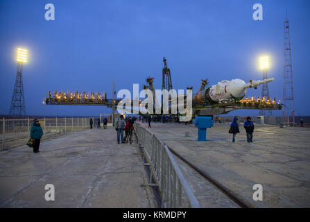 The Soyuz TMA-20M spacecraft is prepared to be raised into position on the launch pad Wednesday, March 16, 2016 at the Baikonur Cosmodrome in Kazakhstan. Launch of the Soyuz rocket is scheduled for March 19 and will carry Expedition 47 Soyuz Commander Alexey Ovchinin of Roscosmos, Flight Engineer Jeff Williams of NASA, and Flight Engineer Oleg Skripochka of Roscosmos into orbit to begin their five and a half month mission on the International Space Station. Photo Credit: (NASA/Aubrey Gemignani) Expedition 47 Soyuz Raising (NHQ201603160019) Stock Photo