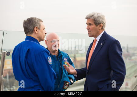 U.S. Secretary of State, John Kerry, right, meets with NASA astronaut Scott Kelly, center, and Russian cosmonaut Mikhail Kornienko of Roscosmos, left, to discuss their year aboard the International Space Station, Thursday, March 24, 2016, in Moscow, Russia. Kelly and Kornienko's year long mission is providing valuable data about how the human body adjusts to weightlessness and long-duration spaceflight, which will inform future human missions on the journey to Mars. Photo Credit: (NASA/AubreyGemignani) Secretary of State John Kerry Meeting with Astronaut Scott Kelly and Cosmonaut Mikhail Korni