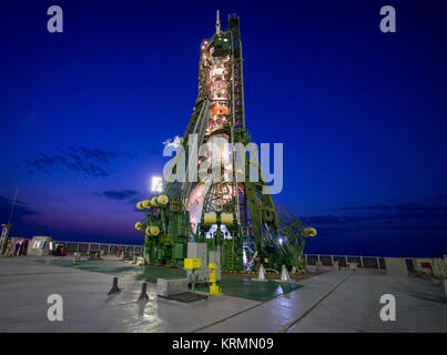 The Soyuz MS-01 spacecraft is seen two hours before it launches from the Baikonur Cosmodrome with Expedition 48-49 crewmembers Kate Rubins of NASA, Anatoly Ivanishin of Roscosmos and Takuya Onishi of the Japan Aerospace Exploration Agency (JAXA) onboard, Thursday, July 7, 2016 , Kazakh time (July 6 Eastern time), Baikonur, Kazakhstan. Rubins, Ivanishin, and Onishi will spend approximately four months on the orbital complex, returning to Earth in October. Photo Credit: (NASA/Bill Ingalls) Expedition 48 Launch (NHQ201607070040) Stock Photo