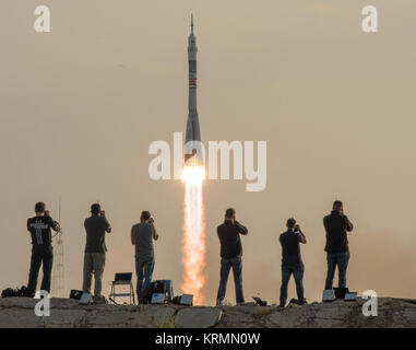 The Soyuz MS-01 spacecraft launches from the Baikonur Cosmodrome with Expedition 48-49 crewmembers Kate Rubins of NASA, Anatoly Ivanishin of Roscosmos and Takuya Onishi of the Japan Aerospace Exploration Agency (JAXA) onboard, Thursday, July 7, 2016 , Kazakh time (July 6 Eastern time), Baikonur, Kazakhstan. Rubins, Ivanishin, and Onishi will spend approximately four months on the orbital complex, returning to Earth in October. Photo Credit: (NASA/Bill Ingalls) Expedition 48 Launch (NHQ201607070004) Stock Photo