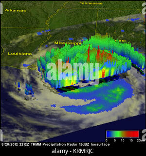 The TRMM satellite twice flew directly above hurricane Isaac as it was starting to pound Louisiana with strong winds and heavy rainfall. The first orbit shown here was on August 28, 2012 at 2212 UTC ( 5:12 PM EDT) and the second time was on August 29, 2012 at 0307 UTC (August 28, 2012 at 10:07 PM CDT). These TRMM passes show that Isaac had only moved a short distance in the 5 hours between the two orbits. An analysis of rainfall from TRMM's Microwave Imager (TMI) and Precipitation Radar (PR) instruments shows that intense bands of rain around Isaac were dropping rain at a rate of over 70 mm/hr Stock Photo