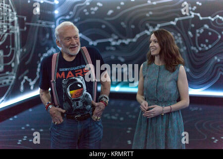 Apollo 11 astronaut Buzz Aldrin, left and Erisa Hines of NASA’s Jet Propulsion Laboratory (JPL) in Pasadena, California, speak to members of the news media during a preview of the new Destination: Mars experience at the Kennedy Space Center Visitor Complex. Destination: Mars gives guests an opportunity to “visit” several sites on Mars using real imagery from NASA’s Curiosity Mars Rover. Based on OnSight, a tool created by JPL, the experience brings guests together with a holographic version of Aldrin and Curiosity rover driver Hines as they are guided to Mars using Microsoft HoloLens mixed rea Stock Photo