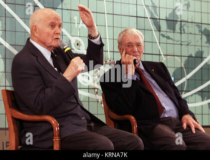 Feb 17, 2012 -- Mercury astronauts John Glenn, left, and Scott Carpenter sit in front of the plot board from the Mercury control center on display at the Kennedy Space Center Visitor Complex. The astronauts, part of the original class of seven astronauts chosen by NASA, were taking part in a question-and-answer session with the media as part of events celebrating 50 years of Americans in orbit, an era which began with John Glenn's Mercury mission MA-6, on Feb. 20, 1962. Glenn's launch aboard an Atlas rocket took with it the hopes of an entire nation and ushered in a new era of space travel tha Stock Photo