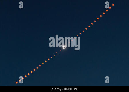This composite image shows the progression of a total solar eclipse over Madras, Oregon on Monday, Aug. 21, 2017. A total solar eclipse swept across a narrow portion of the contiguous United States from Lincoln Beach, Oregon to Charleston, South Carolina. A partial solar eclipse was visible across the entire North American continent along with parts of South America, Africa, and Europe.  Photo Credit: (NASA/Aubrey Gemignani) 2017 Total Solar Eclipse 28NHQ20170821010629 28cropped29 2 Stock Photo