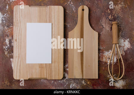 Top view of cutting boards and kitchen tools with copy space